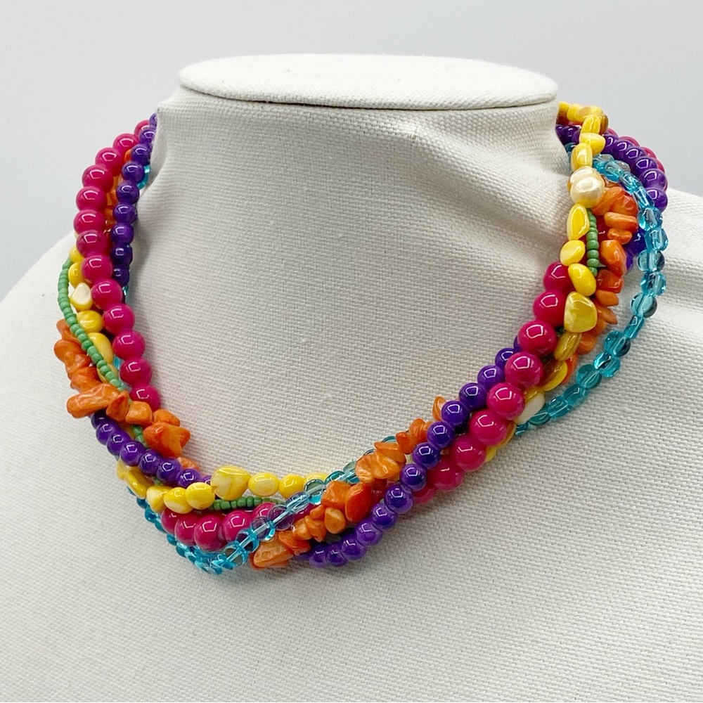 Colorful Multi-Strand Chunky Glass Beaded Necklace - Picture 2 of 7